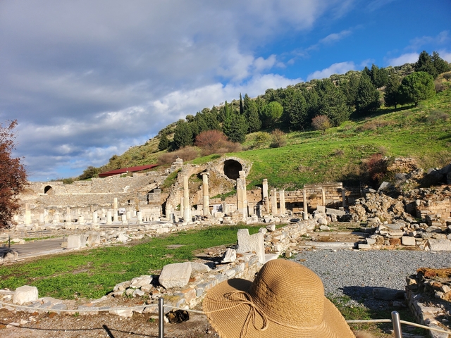       Ancient ruins with grassy sections and trees, person with a hat in the foreground.
  