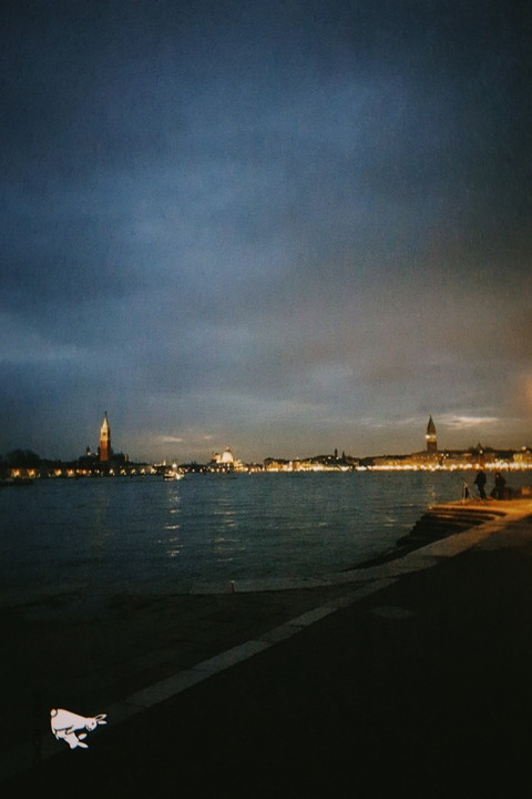       Evening city waterfront with towers.
  