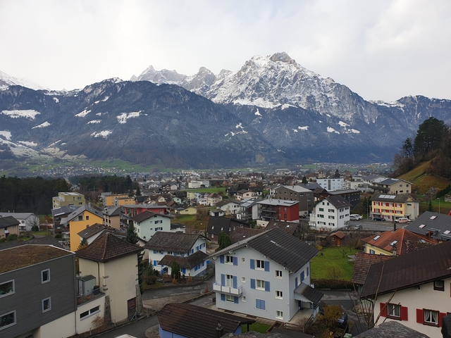       Village with snowcapped mountains in the background.
  