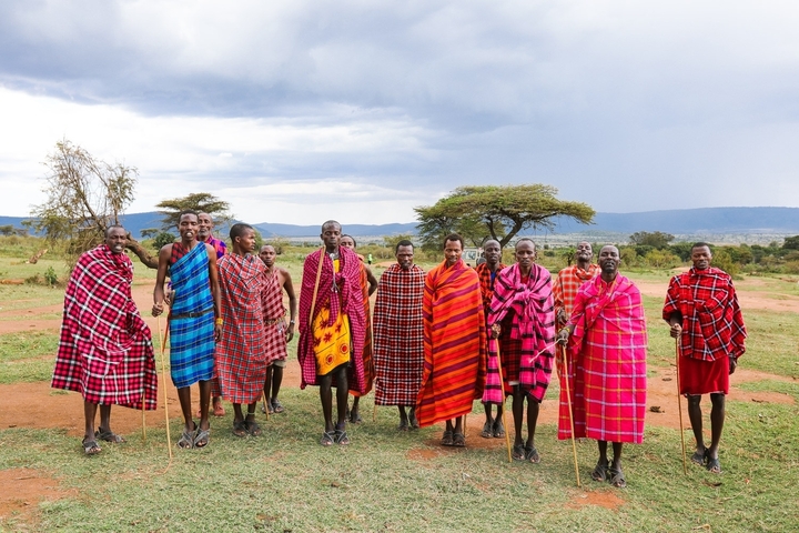       Group of people in colorful garments in a savanna.
  