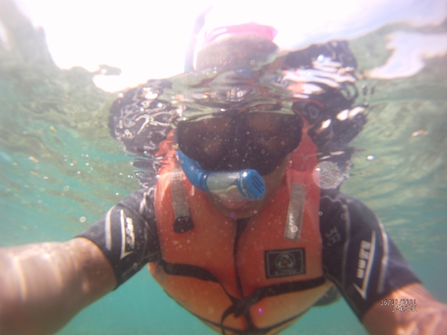 Person underwater wearing snorkeling gear.
