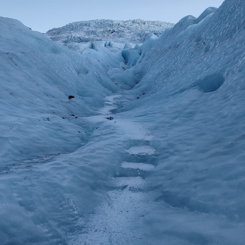       Close-up view of a glacier with ice formations
  
