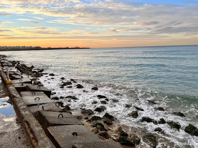       Coastal view with ocean waves and a sunset sky.
  