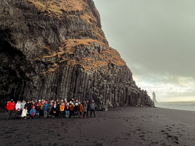 Group of people posing in front of a sea cliff with vertical rock columns.