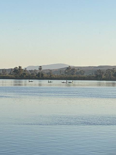       Canoes on a serene water body at dusk.
  
