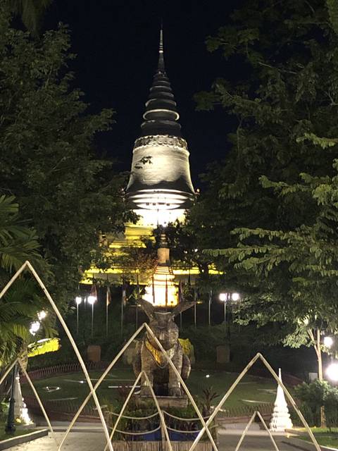       Temple spire lit up against the night sky.
  