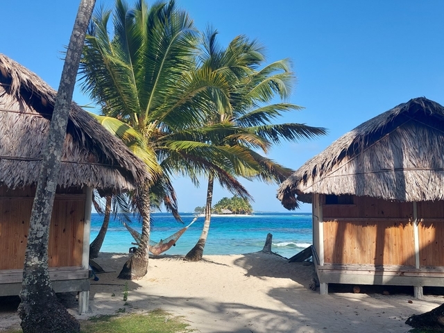Tropical beach with huts, palm trees, and clear blue water.