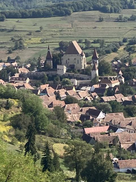 High-angle view of a village with traditional buildings