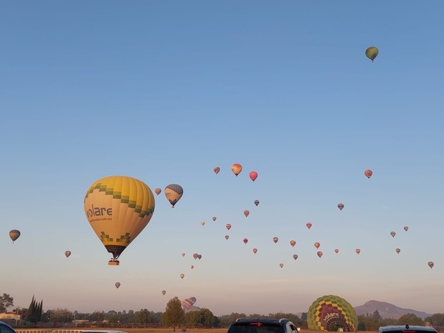       Hot air balloons in the sky at sunrise.
  