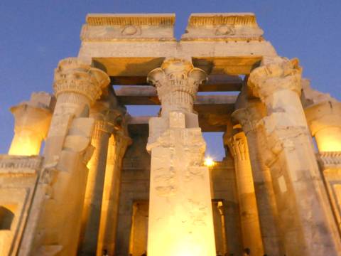       Blurred image of ancient Egyptian columns at night.
  