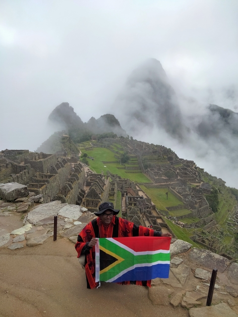 View of Machu Picchu shrouded in mist.