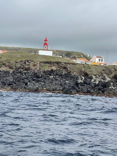 Lighthouse and buildings on a rocky shore.