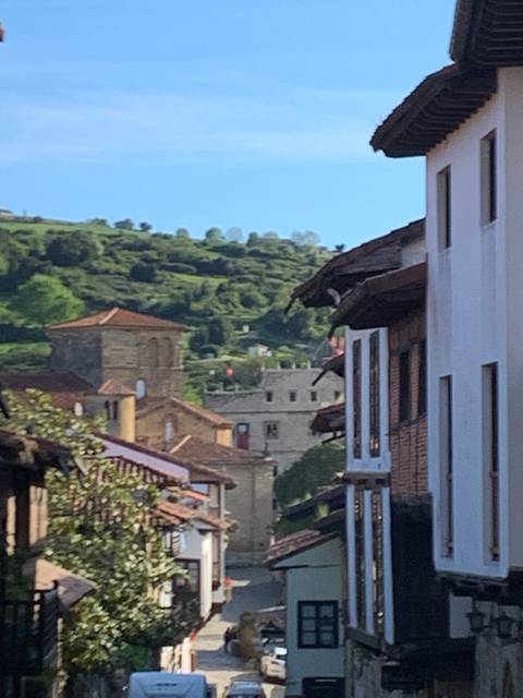       A street view with traditional buildings and greenery in the background.
  