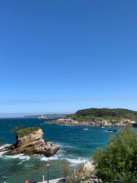       A scenic coastal view with blue sea, rocks, and vegetation.
  