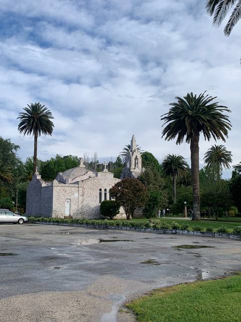       A historic church-like building surrounded by palm trees.
  