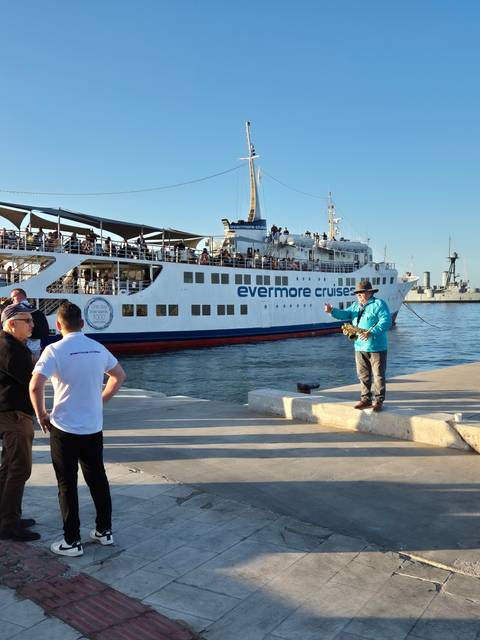       Large cruise ship docked at a pier.
  