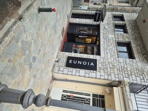 Upside-down view of a stone building with a sign.