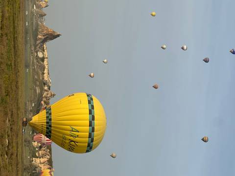       Multiple hot air balloons in flight over a scenic landscape.
  