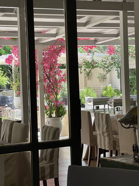 Sideways view of an interior with chairs and flower decorations.