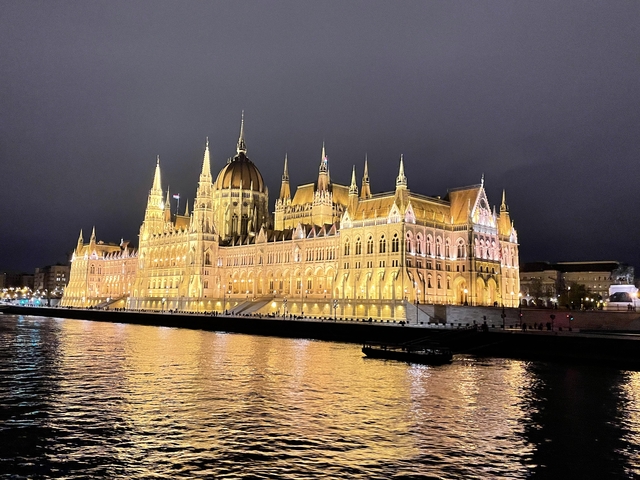       A grand, illuminated building reflected in a body of water at night.
  