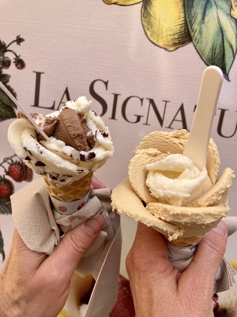       Two ice cream cones designed to look like flowers.
  