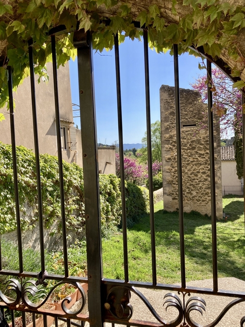      View through a fence of a garden with blooming flowers and stone buildings.
  