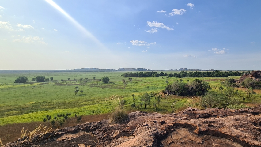       A wide view of a green plain with distant hills under a blue sky.
  