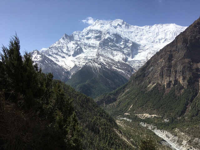       Beautiful view of snow-capped mountains and green valleys.
  