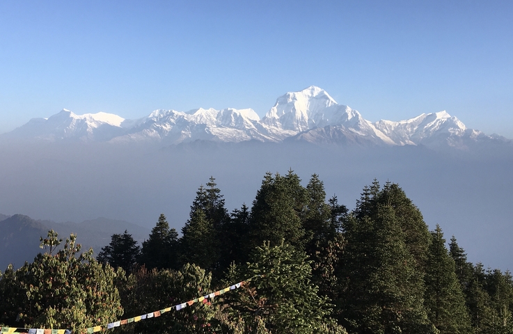       Panoramic view of snow-capped mountain peaks.
  