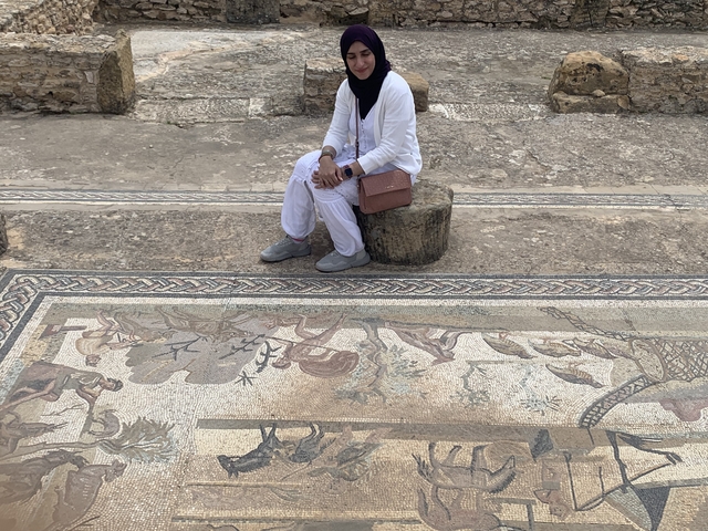       Person sitting on ancient mosaic tiles.
  
