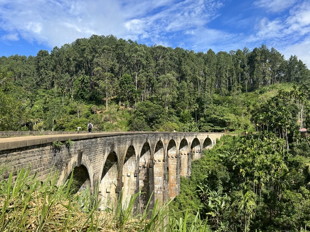 A long stone bridge with arches in a forest setting.