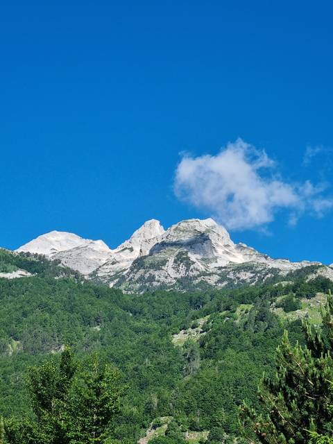       Mountain peak under a clear blue sky.
  