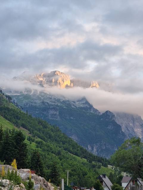 Mountain view with mist and morning light.