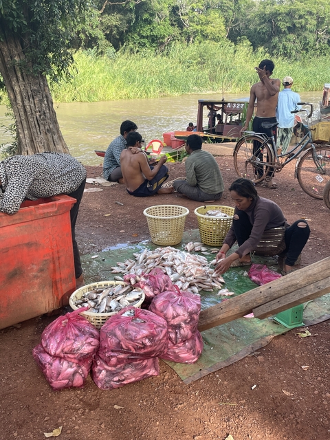      People sorting fish by a river.
  