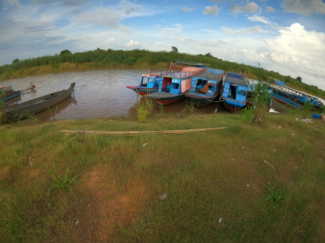       Wooden boats by the riverbank.
  