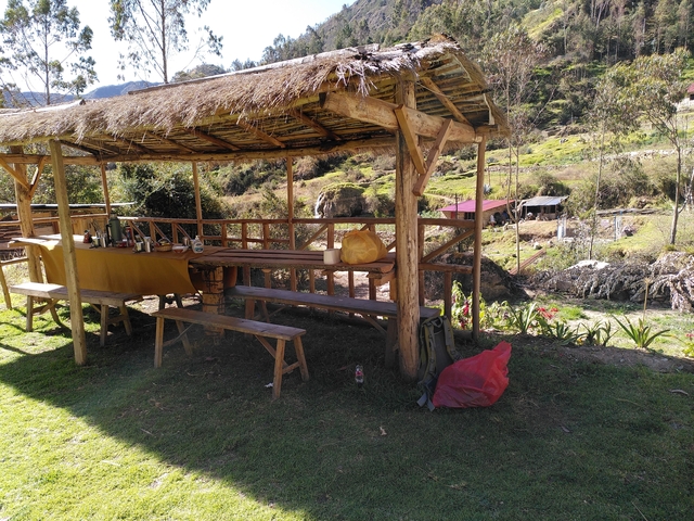 Wooden picnic shelter surrounded by a grassy landscape.