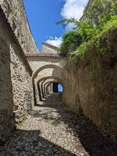 Stone tunnel with arches and cobblestone path.