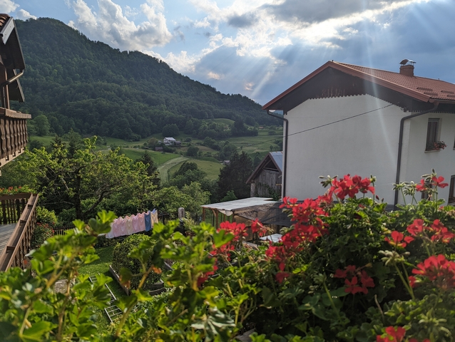       Scenic village view with flowers, a house, and hills in the background
  