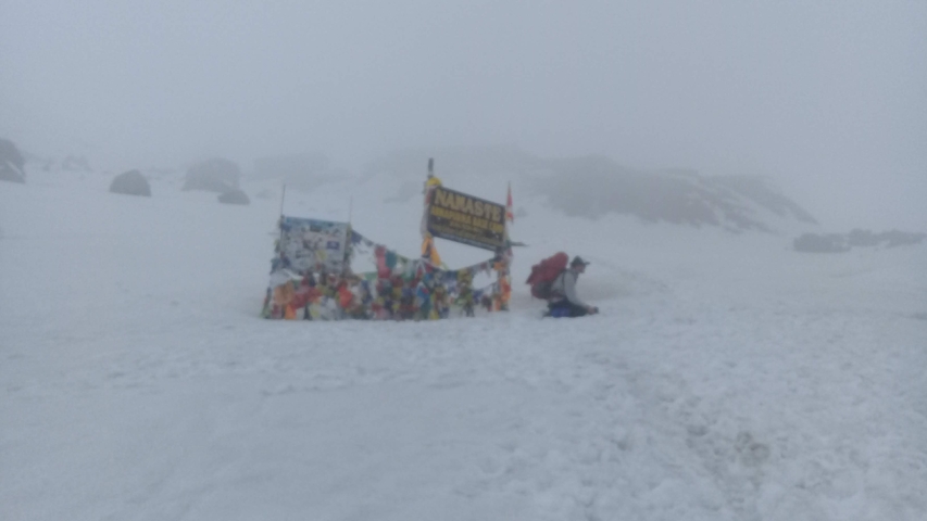       Signpost in a snowy landscape under low visibility conditions
  