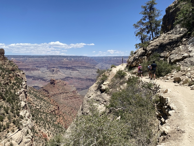 Hikers on a trail with a view of the Grand Canyon.