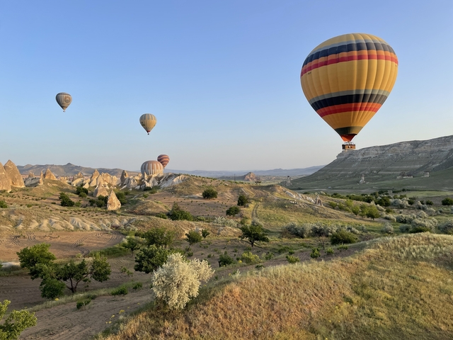       Hot air balloons floating over Cappadocia's unique landscape.
  