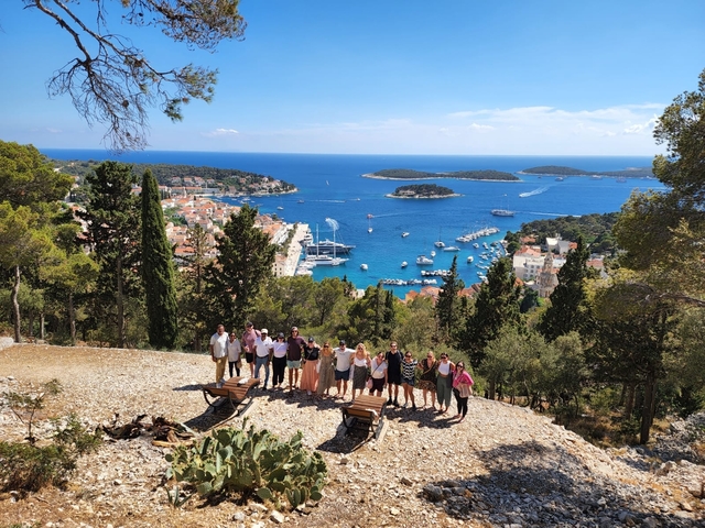Group of tourists overlooking the sea from a hill.