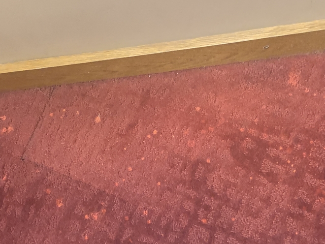 Close-up view of a red carpeted floor with a wooden baseboard.