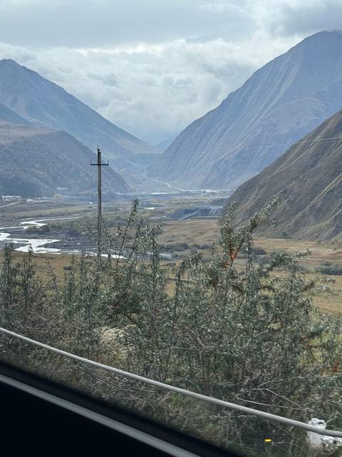 View from a car window showing mountains and trees.