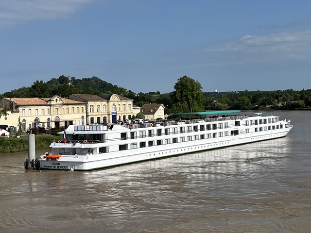 Large cruise ship docked by riverside buildings.