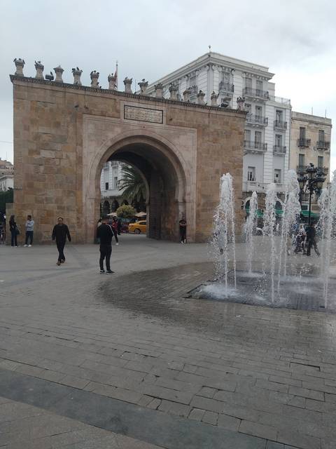 Large architectural gate with fountain.