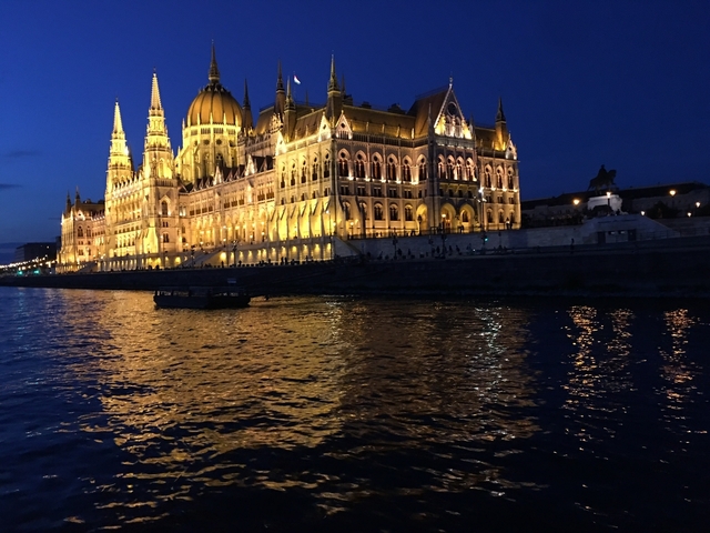       Illuminated historic building reflecting on water at night.
  