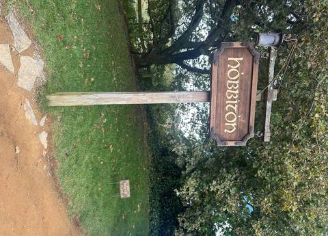       Wooden signpost in a park with a view.
  