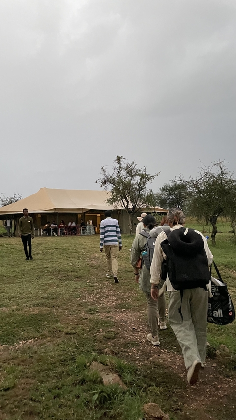       Line of people walking towards a tent in a savannah area.
  