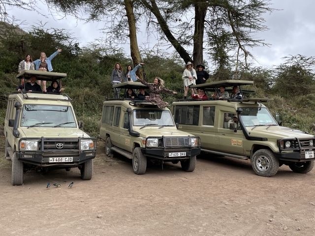       Group of tourists posing on safari vehicles in a dusty area.
  